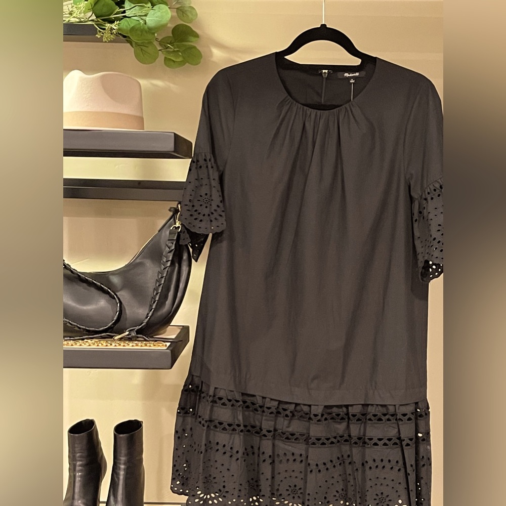 Madewell Mini Dress | Black Cotton w Eyelet Trim | Drop-Waist   | Lined | NWT